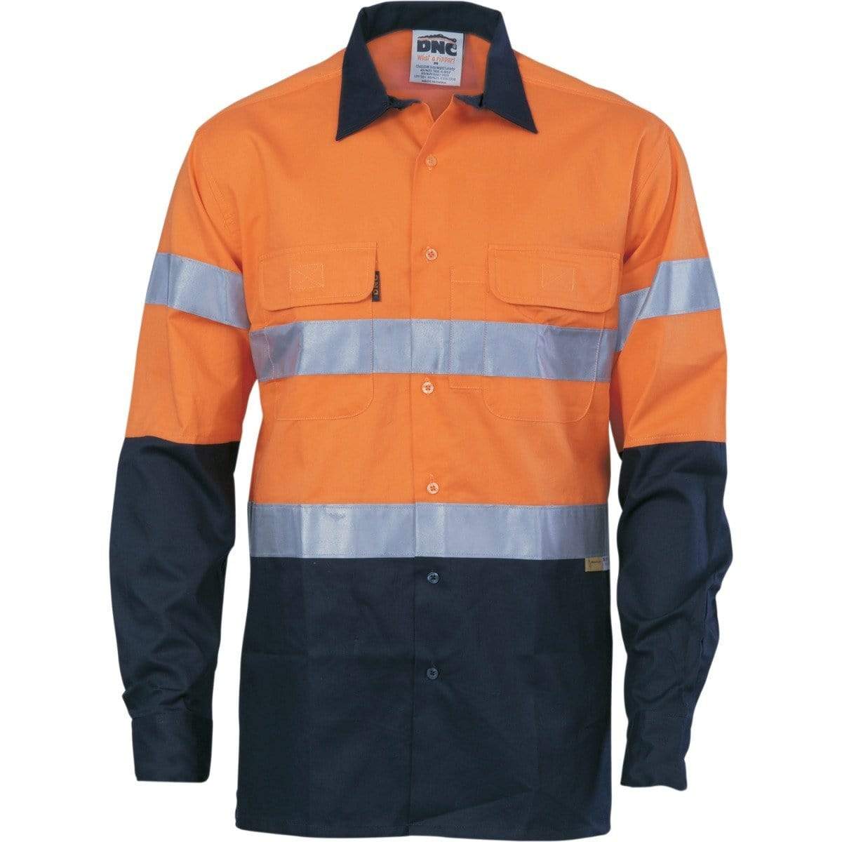 DNC Workwear Work Wear Orange/Navy / S DNC WORKWEAR Hi-Vis Cool-Breeze Cotton Long Sleeve Shirt with 3M 8906 Reflective Tape 3988