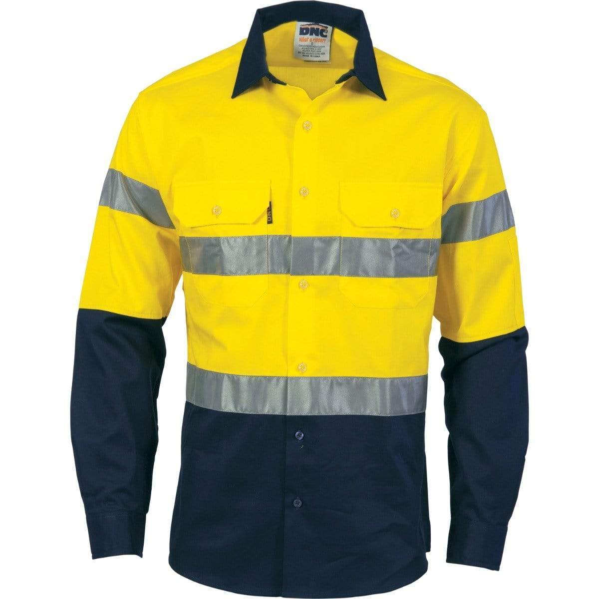 DNC Workwear Work Wear Yellow/Navy / XS DNC WORKWEAR Hi-Vis Cool-Breeze Long Sleeve Cotton Shirt with Generic Reflective Tape 3966