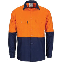 DNC Workwear Work Wear Orange/Navy / XS DNC WORKWEAR Hi-Vis L/W Cool-Breeze T2 Vertical Vented Long Sleeve Cotton Shirt with Gusset Sleeves  3733
