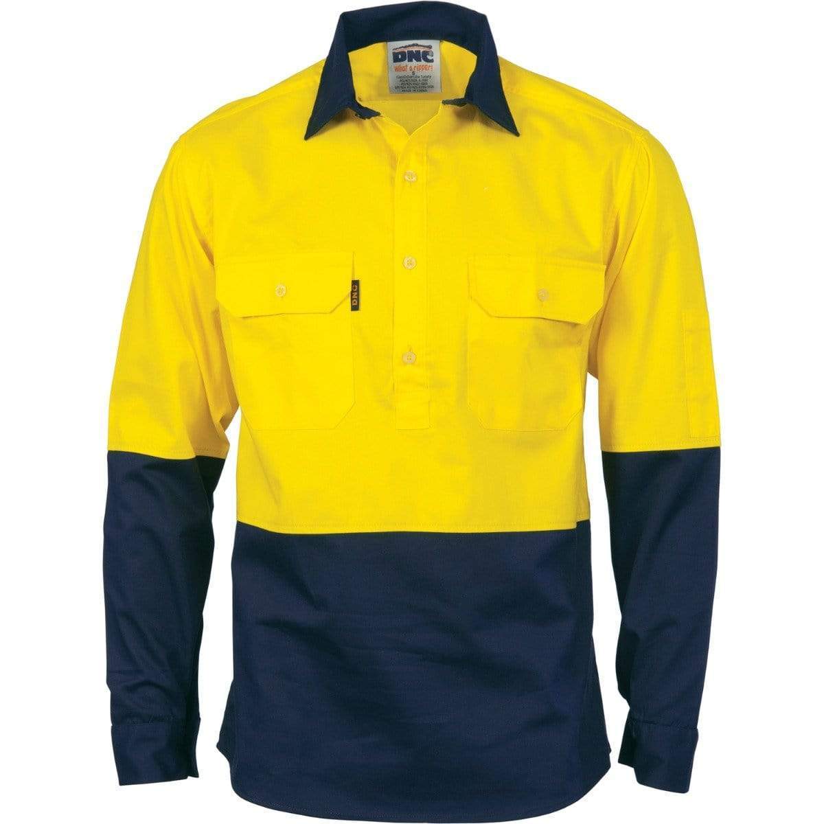 DNC Workwear Work Wear Yellow/Navy / L DNC WORKWEAR Hi-Vis Two-Tone Close Front Cotton Drill Long Sleeve Shirt - Gusset Sleeve 3834