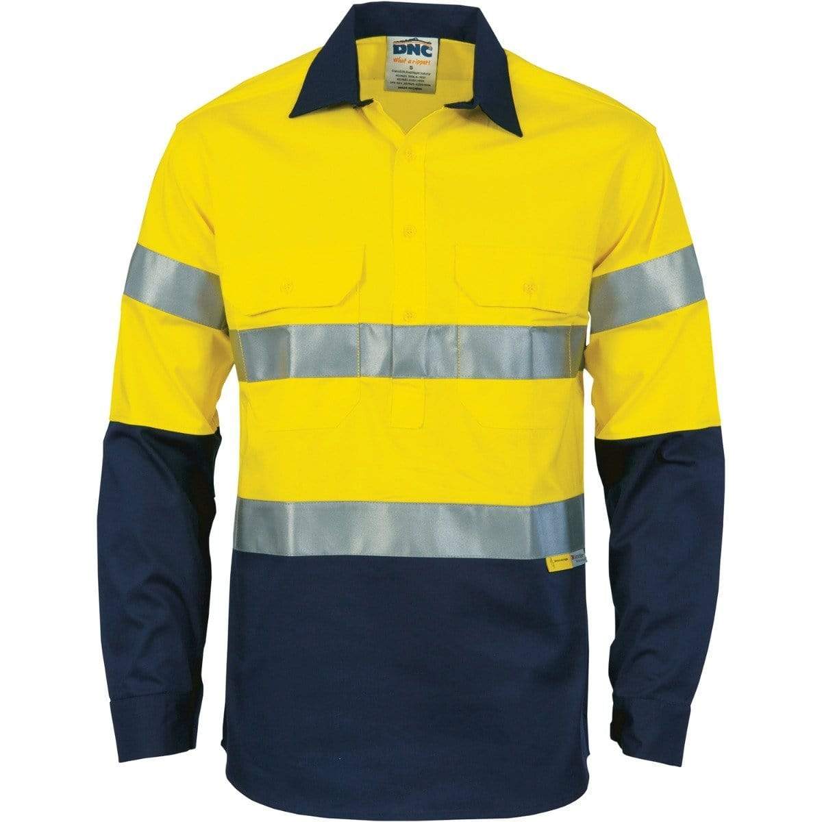 DNC Workwear Work Wear Yellow/Navy / 2XL DNC WORKWEAR Hi-Vis Two-Tone Closed Front Cotton Shirt with 3M R/Tape 3849