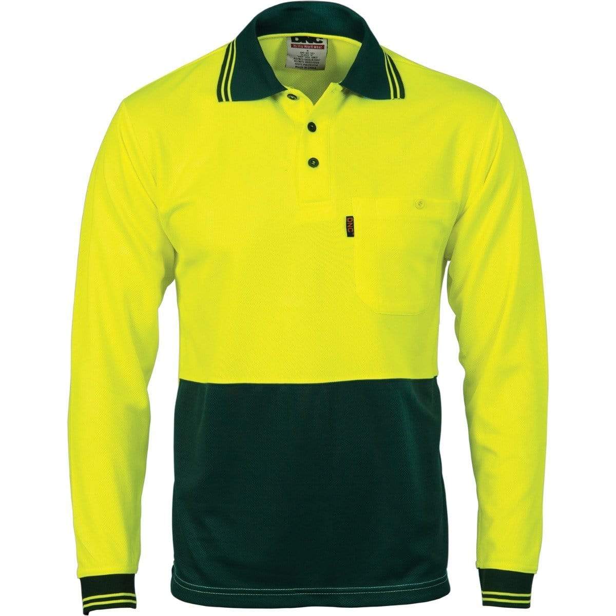 DNC Workwear Work Wear Yellow/Bottle Green / XS DNC WORKWEAR Hi-Vis Two Tone Cool Breathe Long Sleeve Polo Shirt 3813