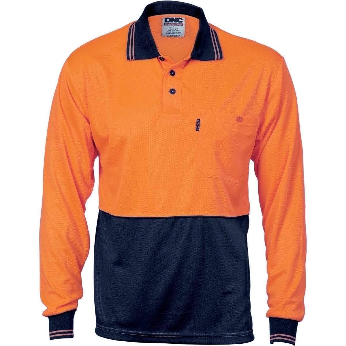 DNC Workwear Work Wear Orange/Navy / XS DNC WORKWEAR Hi-Vis Two Tone Cool Breathe Long Sleeve Polo Shirt 3813