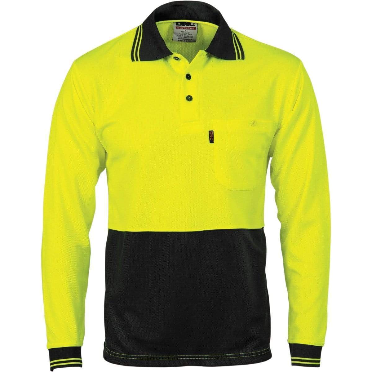 DNC Workwear Work Wear Yellow/Black / L DNC WORKWEAR Hi-Vis Two Tone Cool Breathe Long Sleeve Polo Shirt 3813
