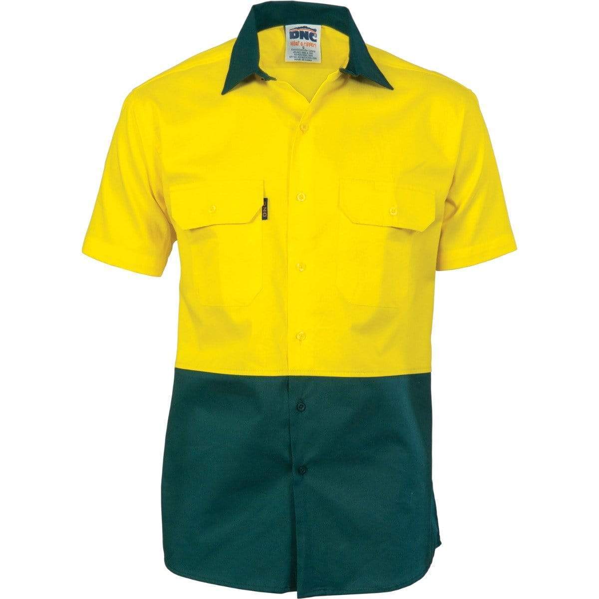 DNC Workwear Work Wear Yellow/Bottle Green / XS DNC WORKWEAR Hi-Vis Two-Tone Cotton Drill Short Sleeve Shirt 3831