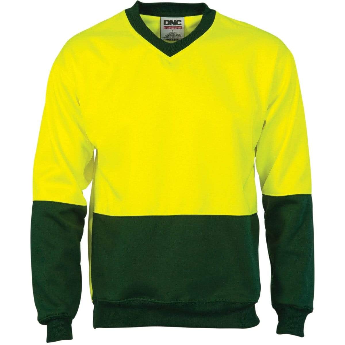 DNC Workwear Work Wear Yellow/Bottle Green / XS DNC WORKWEAR Hi-Vis Two-Tone Fleecy V-Neck Sweatshirt (Sloppy Joe) 3822