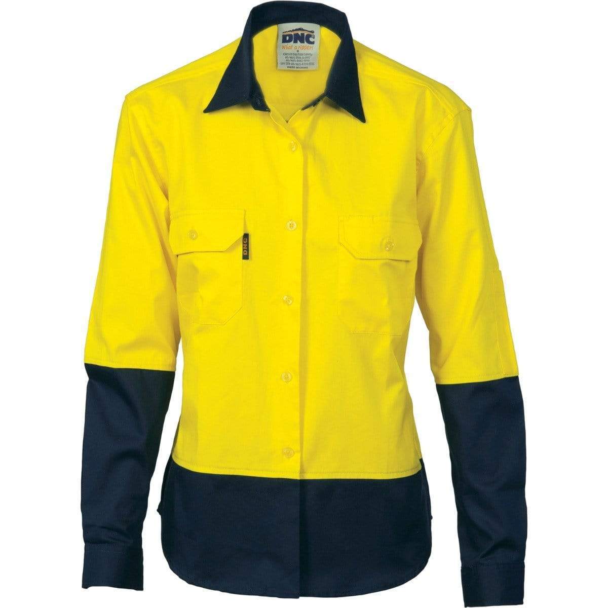 DNC Workwear Work Wear Yellow/Navy / 8 DNC WORKWEAR Women’s Hi Vis Two-Tone Cotton Drill Long Sleeve Shirt 3932