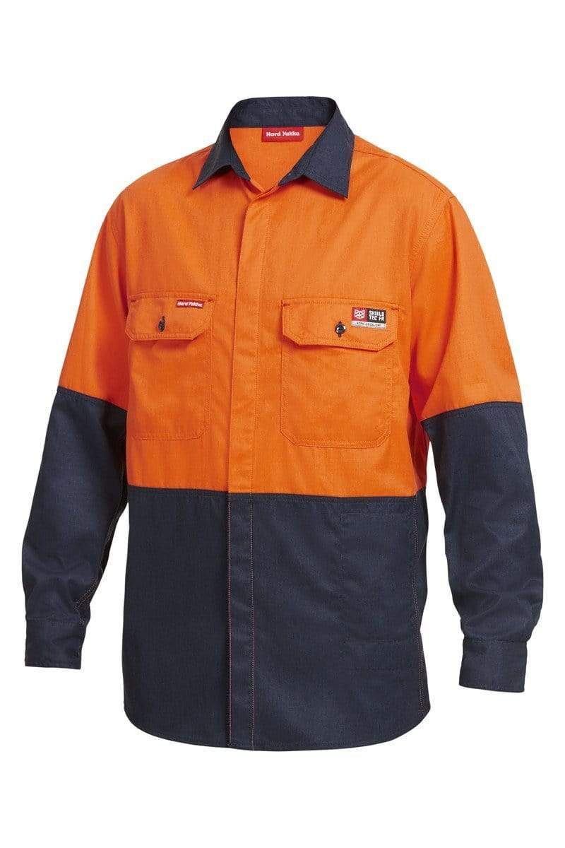 Hard Yakka Work Wear Orange/Navy / S Hard Yakka FR long sleeve hi vis shirt Y04450